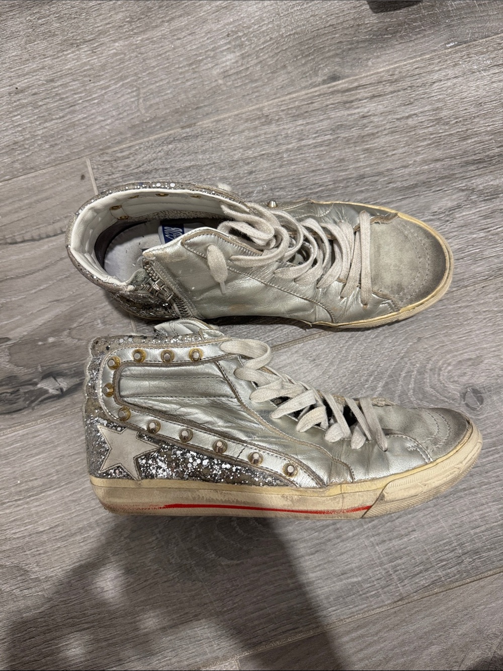 Golden Goose Silver High-Top Sneakers with Star Detail